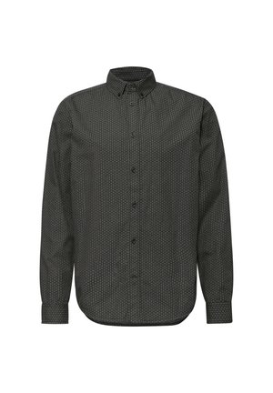Chemise noire à manches longues avec un motif géométrique, col boutonné et poignets standards. Fabriquée en tissu lisse et léger.