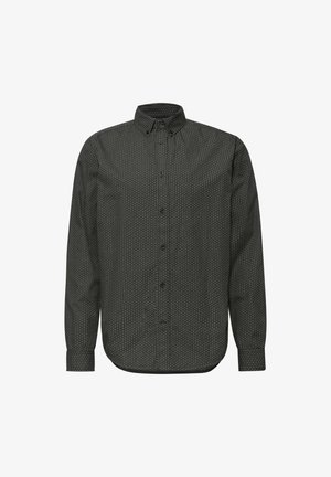 Chemise noire à manches longues avec un motif géométrique, col boutonné et poignets standards. Fabriquée en tissu lisse et léger.