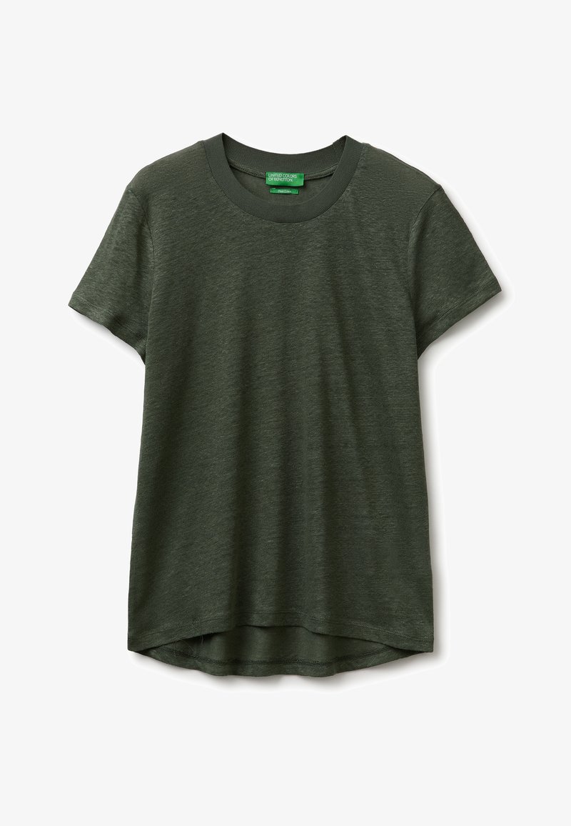 Camiseta de manga corta verde oscuro con cuello redondo y dobladillo ligeramente redondeado, exhibida plana sobre un fondo blanco.