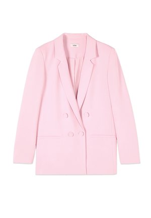 Jasnoróżowa dwurzędowa marynarka z wyciętymi klapami, dwoma przednimi kieszeniami i długimi rękawami, prezentowana na białym tle.