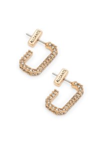 Orecchini a cerchio dorati a forma di U, decorati con strass trasparenti. Presentano un perno inciso con il logo per un fissaggio sicuro.