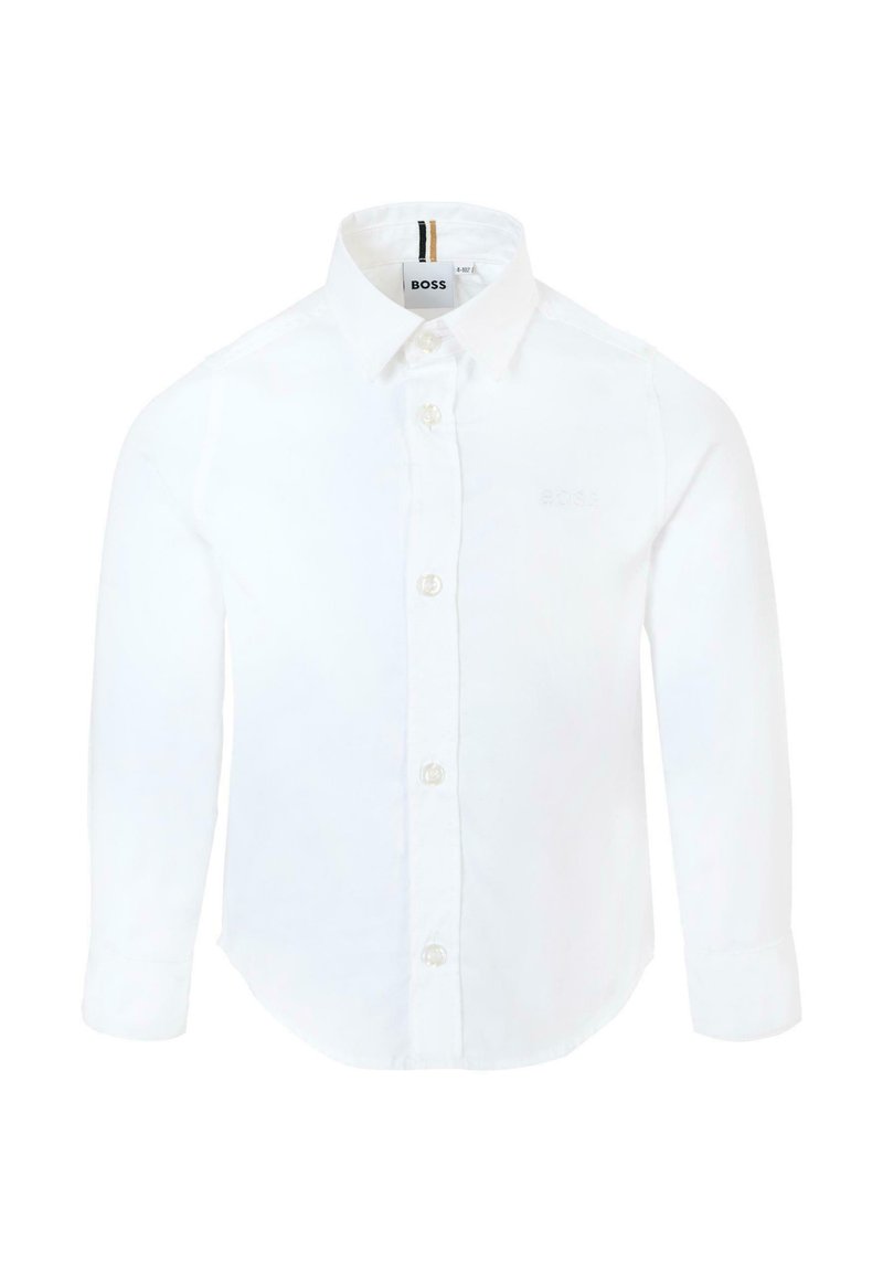 Camicia bianca a maniche lunghe in cotone con colletto classico, chiusura frontale a bottoni e piccolo logo ricamato sul petto.