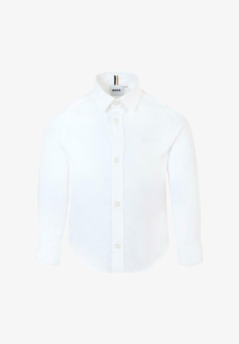 Camicia bianca a maniche lunghe in cotone con colletto classico, chiusura frontale a bottoni e piccolo logo ricamato sul petto.