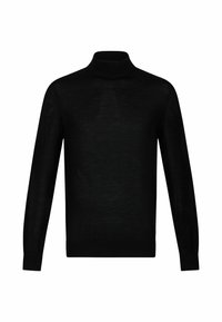 Maglioncino nero a collo alto realizzato in materiale a maglia fine, con maniche lunghe e design aderente, caratterizzato da una texture liscia in tutto il capo.