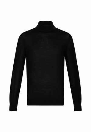 Jersey negro de cuello alto hecho de material de punto fino, con mangas largas y un diseño ajustado, con una textura suave en todo su cuerpo.