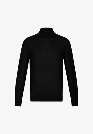 Fekete garbó pulóver finom kötött anyagból, hosszú ujjaival és fitted (testhezálló) fazonjával, sima textúrával az egész felületen.