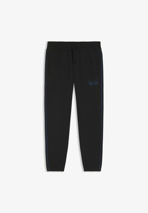 Black sweatpants with an elastic waistband and drawstring, featuring side pockets, blue side stripes, and a subtle logo design on the leg.