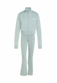 Light blue tracksuit set made of soft fabric. Features a zip-up jacket with high collar and matching flared pants. Logo on chest and thigh.