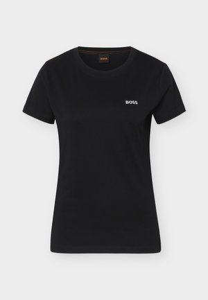 T-shirt noir à manches courtes pour femmes avec encolure ronde et petit logo blanc "BOSS" sur le côté gauche de la poitrine.
