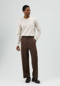 Lichtbeige lange mouw shirt, bruine op maat gemaakte broek, slim fit en donkerbruine schoenen. Gladde textuur en minimalistisch ontwerp.