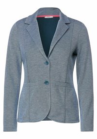 Grå strikket blazer med reverskrave, to forlommer og to blå knapper. Indersiden har en kontrastfuld turkis farve.