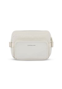 Sac banane rectangulaire blanc cassé avec poche avant zippée et bandoulière ajustable, avec le logo "Kapten & Son" sur la poche avant.