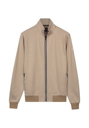 Beige zip-up jacket with stand collar, textured fabric, zippered side pockets, and ribbed cuffs and hem.