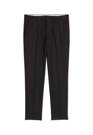Schwarze, maßgeschneiderte Hose mit glatter Textur, ausgestattet mit zwei Seitentaschen, einer flachen Vorderseite und einem klassischen Bund.
