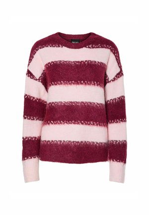Gestreifter Pullover in tiefburgunderrot und sanftem Rosa. Mit Rundhalsausschnitt, langen Ärmeln und einer flauschigen Textur.