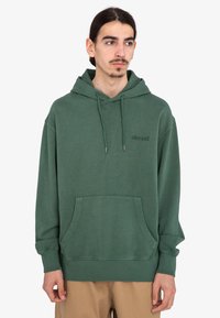 Sudadera de algodón verde con bolsillo canguro, capucha con cordón y puños acanalados. Presenta un sutil logo de la marca en el pecho. Textura suave.