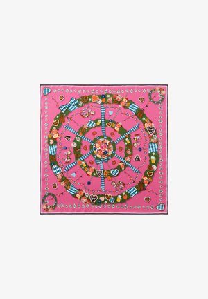 Heller rosa Schal mit einem kreisförmigen Design, das florale Muster, Herzen und blaue karierten Akzente zeigt. Hergestellt aus weichem Stoff mit einer glatten Textur.