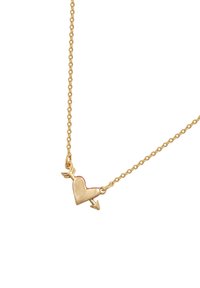 Zlata verižica z obeskom v obliki srca, skozi katerega prehaja majhen puščica, ki simbolizira ljubezen in naklonjenost.