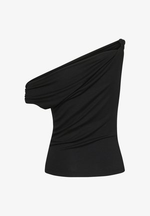 Fekete, egy vállas top, amely redőzött anyagból készült, vállán csavart részlettel. Simaság, testhezálló fazon.