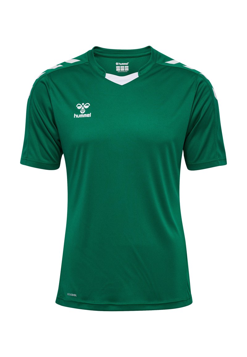 Groene voetbalshirt van lichtgewicht stof met een v-hals ontwerp. Witte accenten op de schouders en een logo op de borst. Ademend materiaal.