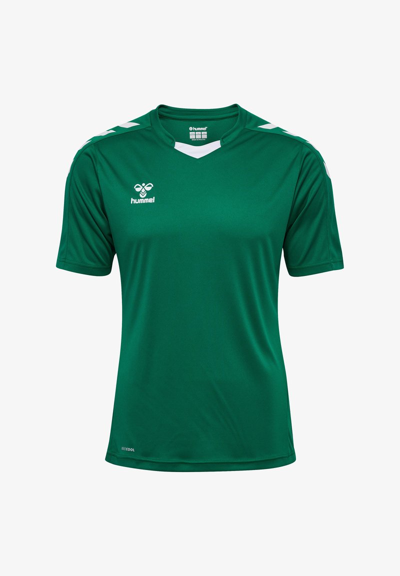 Groene voetbalshirt van lichtgewicht stof met een v-hals ontwerp. Witte accenten op de schouders en een logo op de borst. Ademend materiaal.