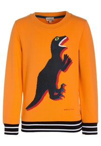 Sudadera naranja con un gráfico de dinosaurio negro. Cuenta con cuello redondo, mangas largas y un dobladillo acanalado a rayas en negro y blanco.