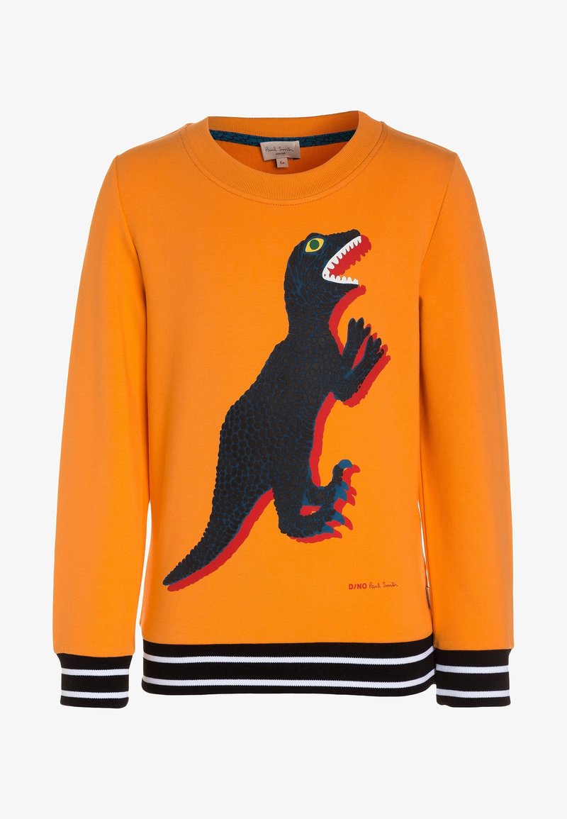 Felpa arancione con una grafica di dinosauro nera. Presenta un collo tondo, maniche lunghe e un orlo a coste rigato bianco e nero.