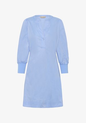 Vestido azul claro de manga larga con escote en V profundo, cierre de un botón, hombros fruncidos y puños anchos.