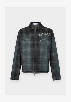 Σκούρο πράσινο και μαύρο καρό μπουφάν με φερμουάρ και γιακά, δύο τσέπες στο στήθος με φερμουάρ, πλαϊνές τσέπες, και κεντημένο το "Off-White" στο στήθος.
