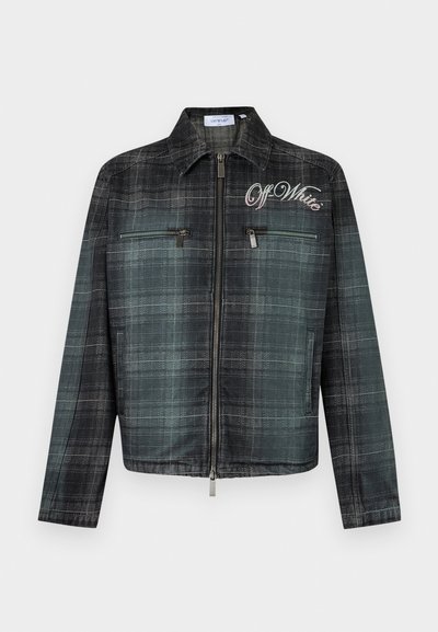 Σκούρο πράσινο και μαύρο καρό μπουφάν με φερμουάρ και γιακά, δύο τσέπες στο στήθος με φερμουάρ, πλαϊνές τσέπες, και κεντημένο το "Off-White" στο στήθος.