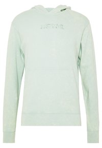 Felpa verde chiaro con tasca frontale e "JUST DO IT." ricamato sul petto con filo abbinato.