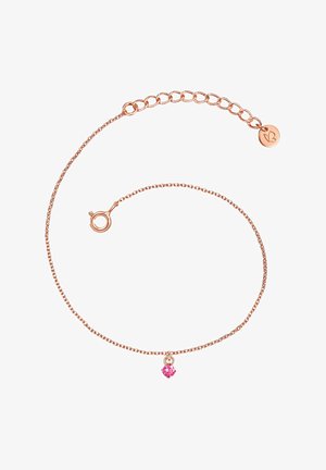 Armband aus Roségold mit einem zarten rosa Herzanhänger und einem Karabinerverschluss. Verfügt über eine verstellbare Länge mit einem kleinen Anhänger am Ende.