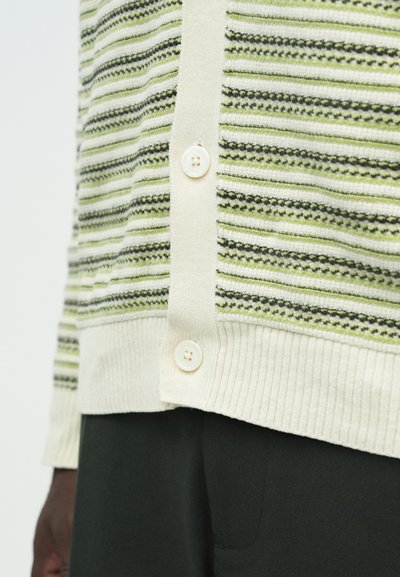 Close-up of a person wearing a cream cardigan with green and black horizontal stripes and cream buttons over dark green pants.