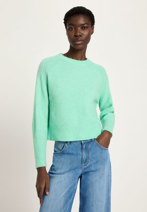 Frau trägt einen mintgrünen Pullover mit langen Ärmeln und hellblaue Jeans, steht mit einer Hand in der Tasche vor einem einfarbigen hellen Hintergrund.