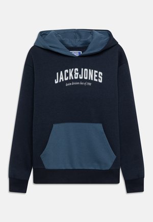 Navy blue hoodie with lighter blue kangaroo pocket and hood lining, featuring white "JACK & JONES denim division class of 1990" text on front.