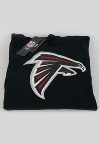 Black hoodie made of cotton, featuring a large red and white Atlanta Falcons logo on the front. Includes NFL apparel tags.
