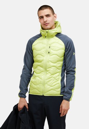 Grüne gesteppte Jacke mit grauen Ärmeln, durchgehendem Reißverschluss und Kapuze. Strukturmuster auf dem Körper, elastische Bündchen und Markenakzente an den Schultern.
