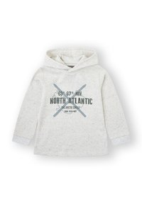 Sudadera gris claro con una textura moteada. Presenta un diseño impreso con puntos cardinales y el texto "NORTH ATLANTIC" en azul grisáceo.