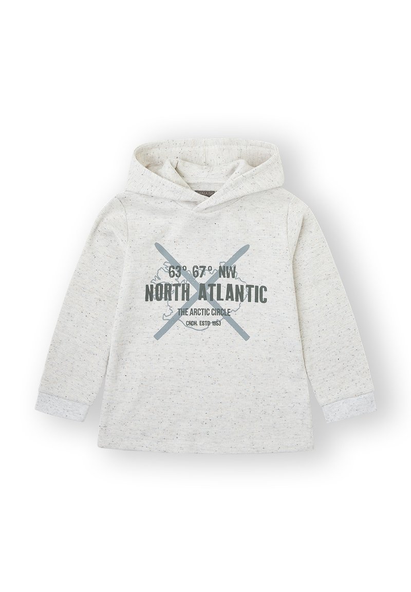 Sudadera gris claro con una textura moteada. Presenta un diseño impreso con puntos cardinales y el texto "NORTH ATLANTIC" en azul grisáceo.