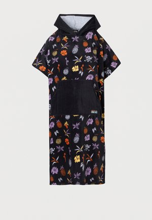 Poncho à capuche noir en serviette avec des motifs colorés de fruits tropicaux et de fleurs, et une grande poche avant.