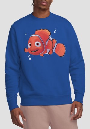 Blue sweatshirt featuring a vibrant, cartoon clownfish design with bright orange and white accents. Smooth texture, ribbed cuffs and hem.