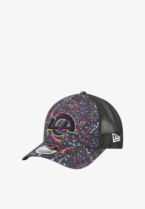 Baseballmütze mit schwarzem Mesh-Rücken, buntem gesprenkeltem Muster auf der Vorderseite und einem gestickten LA-Logo in Pink und Türkis.