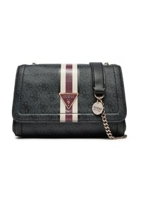 Borsa sintetica nera con texture, dotata di una patta, caratterizzata da una striscia centrale crema e bordeaux, hardware argentato e un ciondolo con logo appeso.