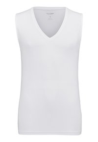 Witte mouwloze V-halsshirt. Gemaakt van soepele katoen met een getailleerd ontwerp, voorzien van rechte zomen en minimale stikdetails.