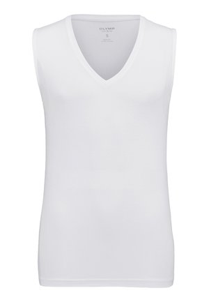 Weißes ärmelloses V-Ausschnitt-Shirt. Hergestellt aus glattem Baumwollstoff mit tailliertem Design, geraden Säumen und minimalen Stickdetails.