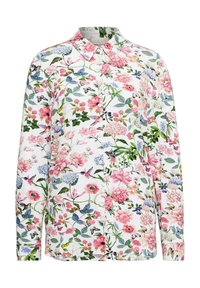 Blumen Langarmshirt mit weißem Hintergrund und rosa, blauen und grünen Blumenmustern, Knopfleiste und Kragen.