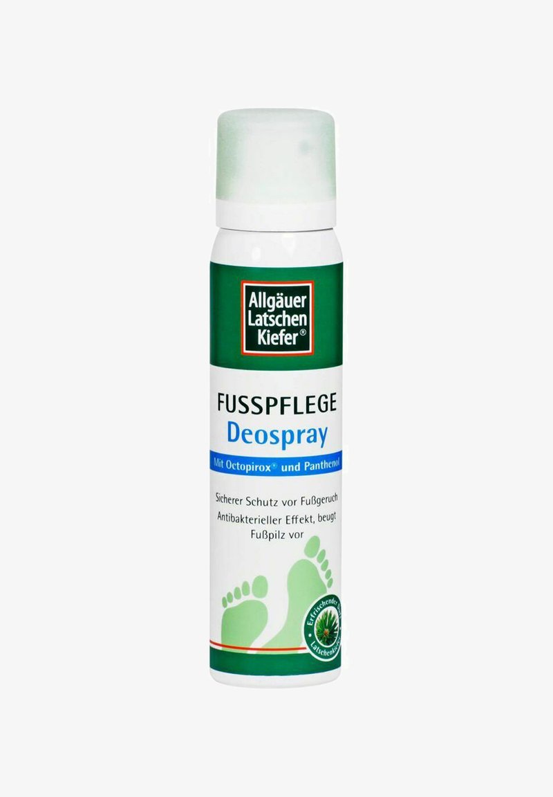 Deodorantspray in einem zylindrischen weißen Behälter mit einem mintgrünen Deckel. Verfügt über grüne und blaue Etikettierung mit Fußabdruckmuster.
