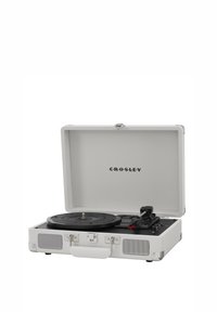 Giradischi portatile Crosley bianco con piatto nero, hardware in metallo e griglie degli altoparlanti. Caratterizzato da un coperchio con logo.