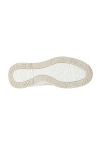 Semelle de chaussure avec un design texturé aux motifs hexagonaux, principalement blanche et beige, fabriquée en caoutchouc pour sa durabilité et son adhérence.