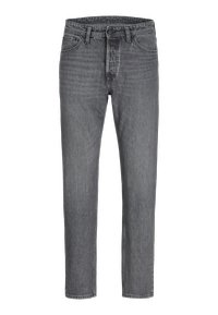 Jeans grigi in denim a gamba dritta con cinque tasche, chiusura con bottone e passanti per cintura, mostrati distesi su uno sfondo bianco.